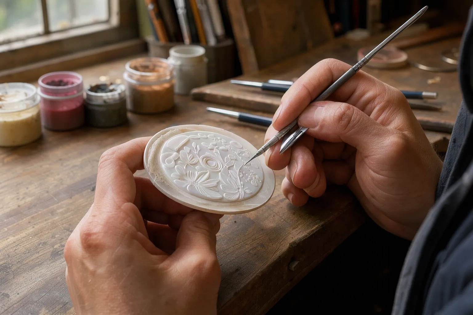 Mains d'artisan sculptant un camée en coquillage à l'atelier