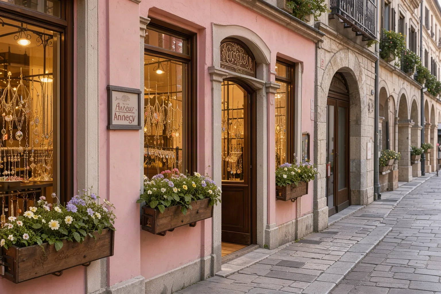 Entrée de la boutique annécienne, façade pastel et jardinières
