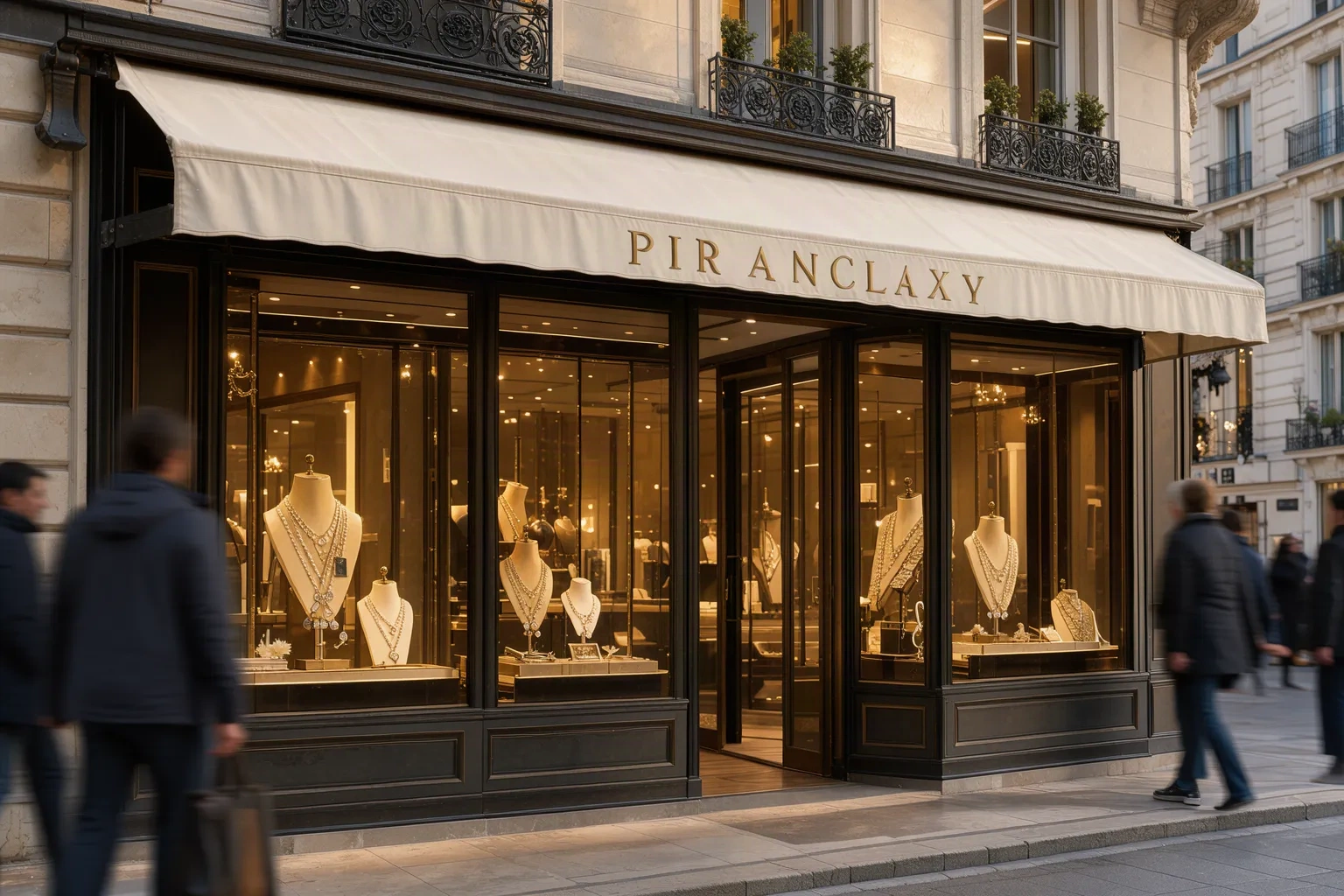 Façade de la boutique parisienne avec auvent crème et vitrine