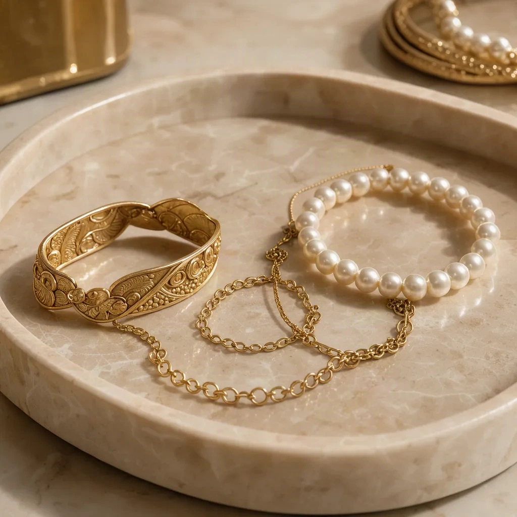 Bracelets or et perles superposés sur un plateau de marbre