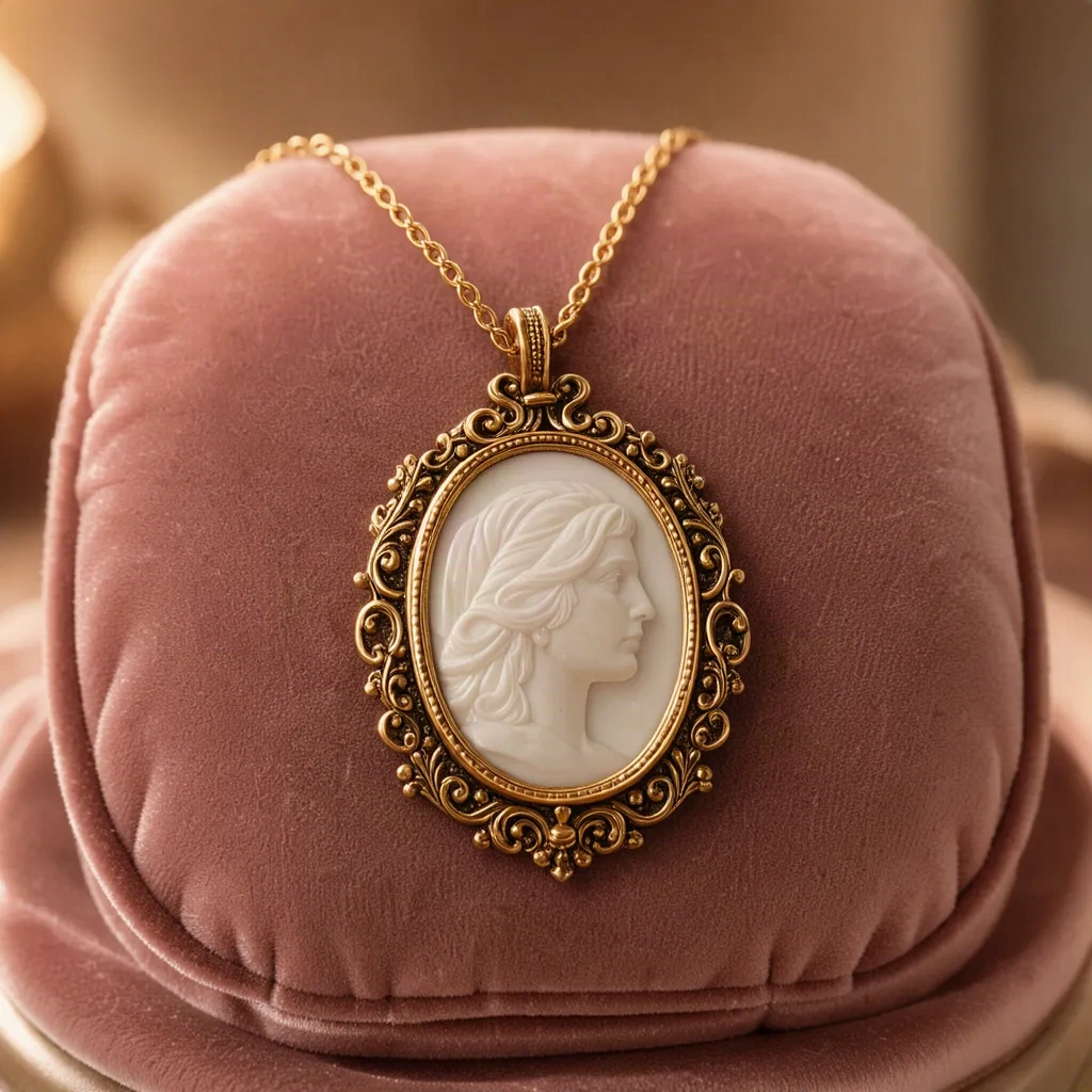 Pendentif camée ovale en cadre or ancien sur velours rose