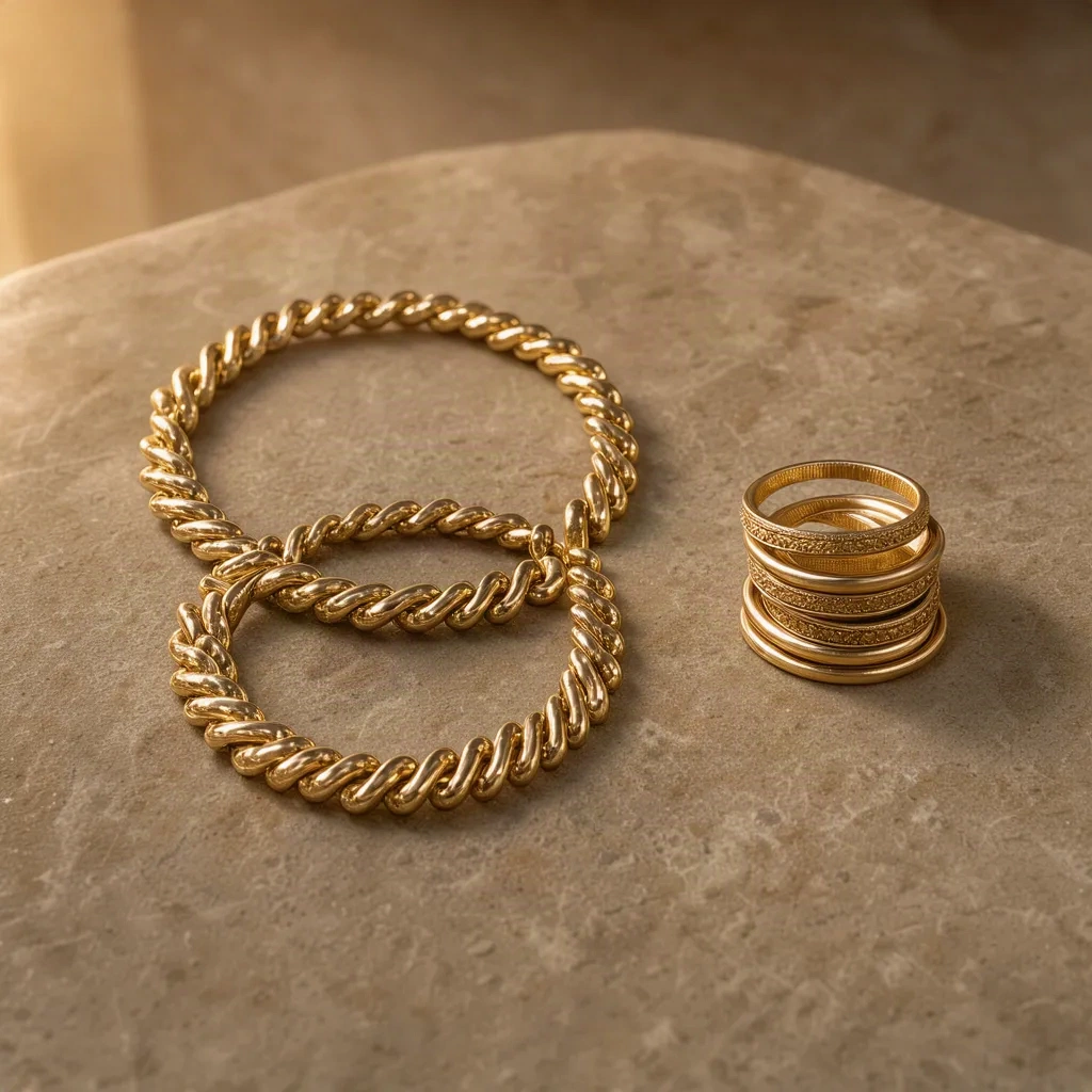 Collier statement en or enroulé à côté d'une pile de bagues