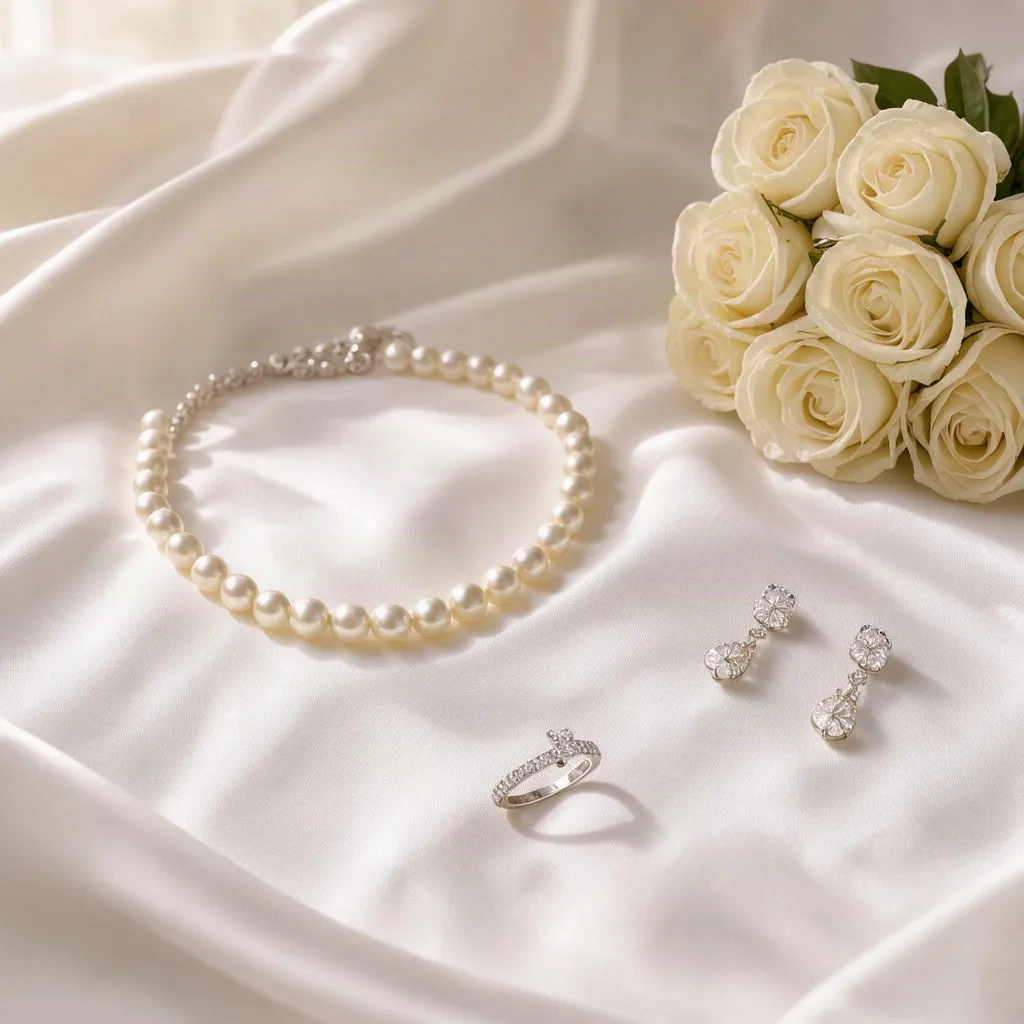 Bijoux de mariage : collier de perles, bague et boucles d'oreilles sur satin