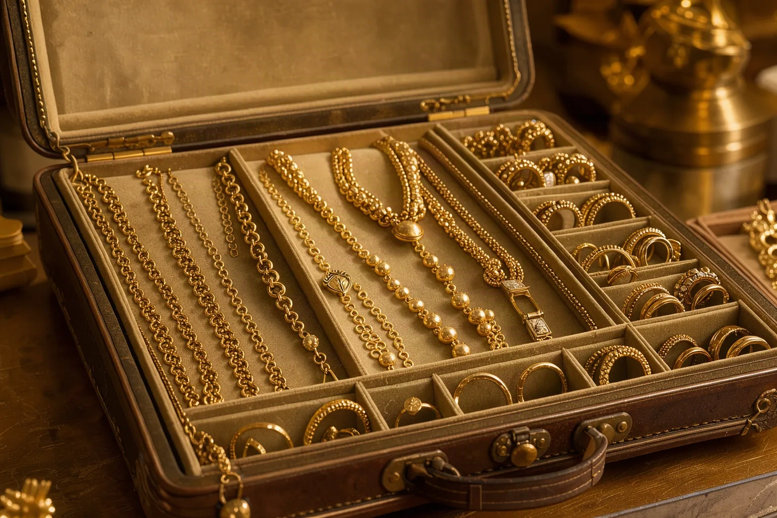 Assortiment de bijoux en or jaune présentés dans un écrin ancien