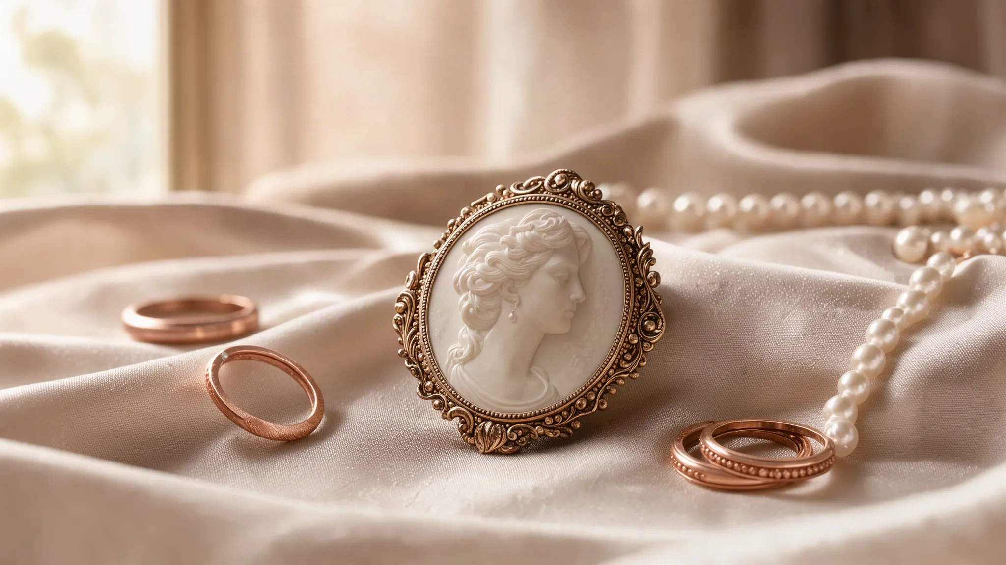 Camée ancien en broche posé sur de la soie, entouré de bijoux or rose