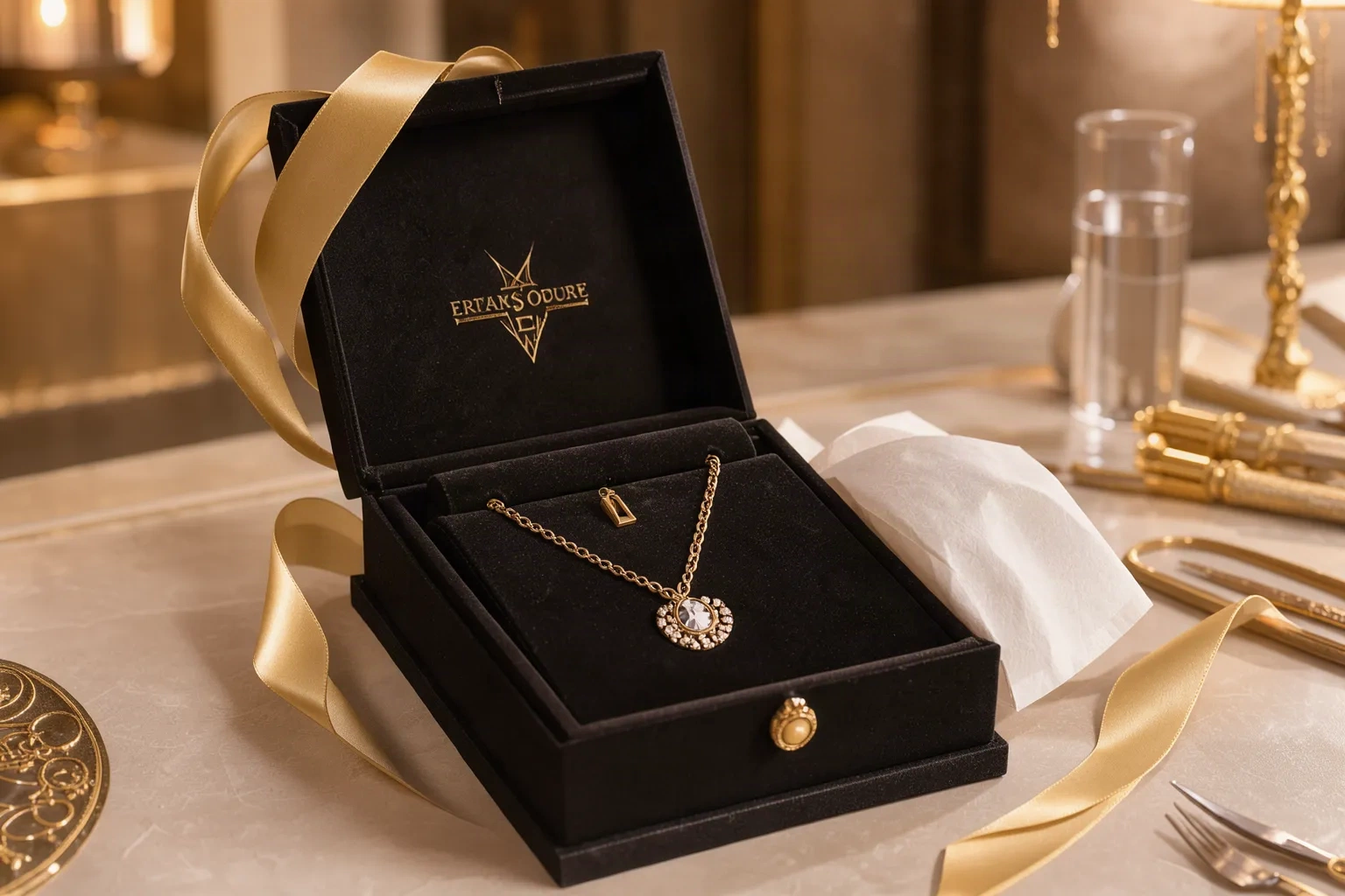 Écrin cadeau ruban or ouvert révélant un collier sur velours